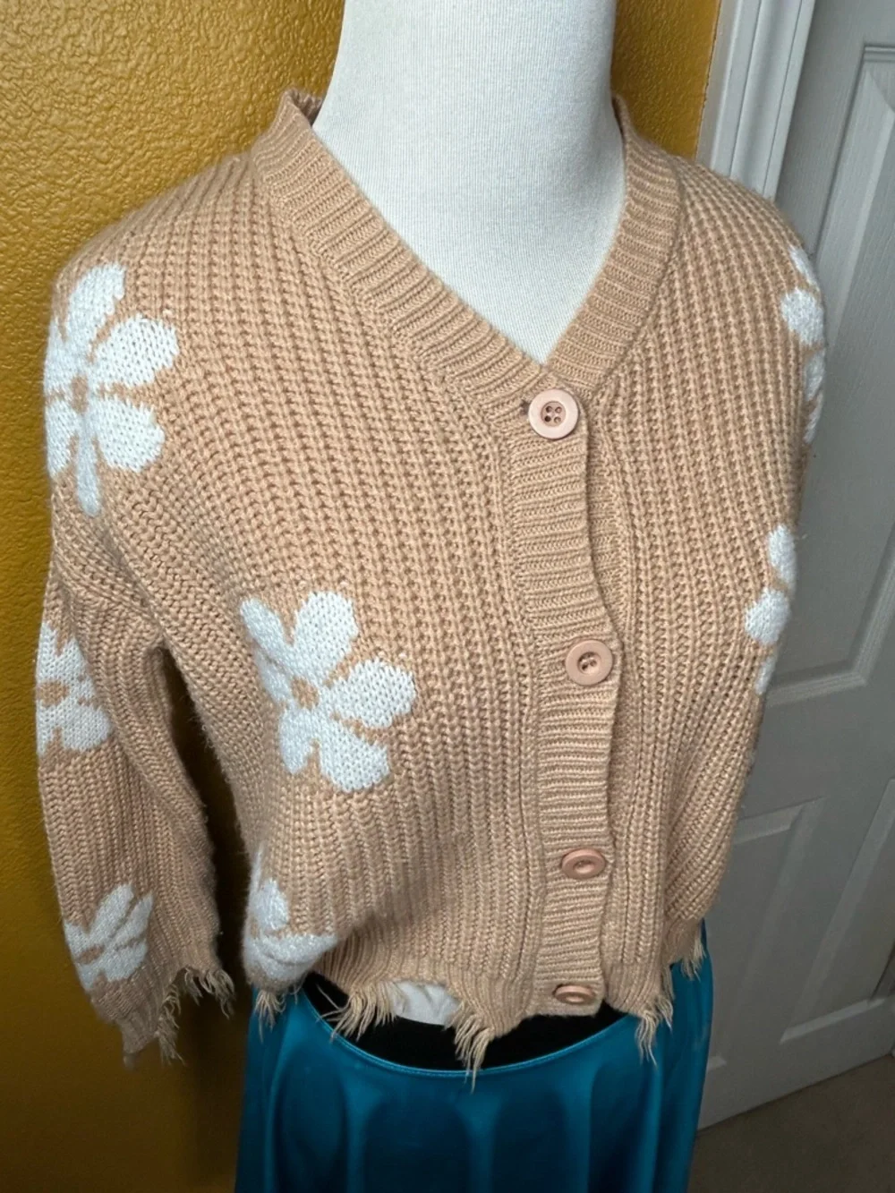 Cool Chick, BELLE du JOUR, distressed flower cardigan!!
